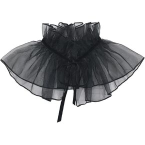 Unisex Ruffled Tulle Fake Collar Vintage Detachable Black Ribbon Lace-Up Clown Neck Scarf Semi-Sheer Mini Cape