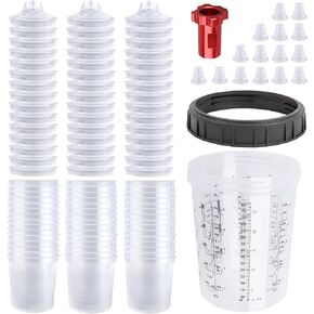 Disposable Paint Gun Cup, HVLP Paint Sprayer Gun Mixing Cups 27 Ounce(800ML) Kit with 45 Cups and Lids System, 15 Plugs and 1 Hard Cup with Retainer Ring，1 Cup Adapter