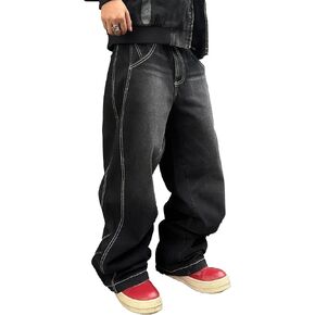 Mens Irregular Sutures Baggy Jeans with Angled Pocket Y2k Hip Hop Wide Leg Denim Pants