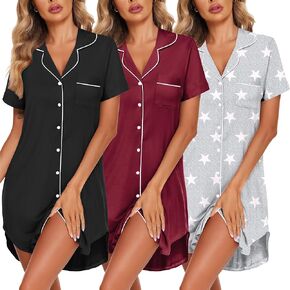 ekouaer 3 pack button women's liegown button downshirts sleepshirts sportshirts nightshirts for Women Sleepwear v Dress Sleep Dress