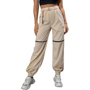 WDIRARA Women's High Waist Solid Sweatpants Belted Cargo Long Pants with Pocket