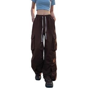Baggy Parachute Pants for Women Straight Unisex Wide Leg Cargo Pants Elastic Waist Drawstring Harajuku Cotton Trendy