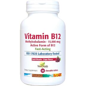 NEW ROOTS HERBAL Vitamin B12 Supplement Methylcobalamin (15000 mcg), Chewable Tablets, Fast Absorption, Grape Flavored (30 Pieces)