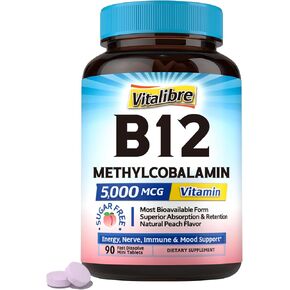 Vitamin B12 Sublingual 5000 mcg, Methylcobalamin, Bioactive Form, High Absorption, Vegan, Nerve, Energy, Immune, Mood Support, Natural Peach Flavor, 90 Fast Dissolve Mini Tablets, No Sugar