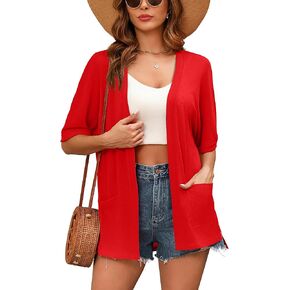Women's Lightweight Open Front Cardigans Short Sleeve Casual Soft Sheer Cardigan S-2XL with Pockets