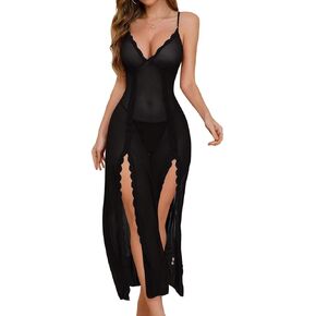 PITINAN Women Lingerie Lace Babydoll Chemise Sexy Mesh Nightdress V Neck Nightwear Side Split Nightgown S-XXL