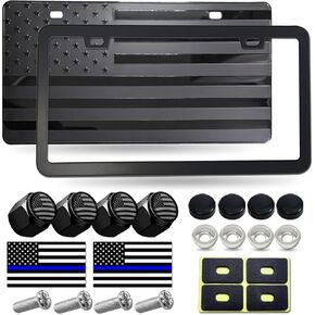 Aootf American Flag License Plate for Front Bumper, Black Aluminum Metal Car Tag Frame with 3D Embossed USA Flag Pattern, with Screws,Tire Valve Caps, Decals
