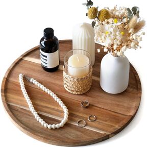 Round Wooden Tray for Home Decor, S310 13.8" Decorative Wood Trays for Kitchen Dining Room, Handmade Round Wood Tray Table Centerpiece for Coffee Table, 1 Pcs