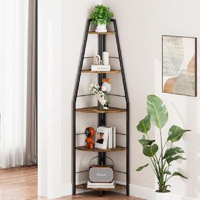 5 Tier Corner Shelf, 66.06" Tall Plant Stand, Narrow Bookshelf with Storage, Rustic Ladder Shelf for Living Room, Kitchen, Wood Display Shelf for Bedroom, Metal Frame (Rustic Brown)