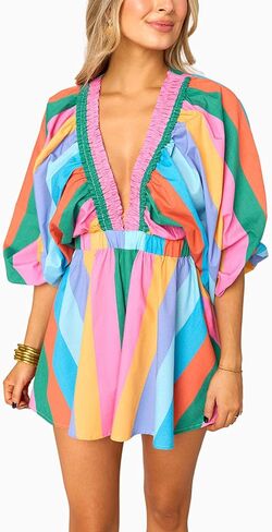 غدة نفخة طويلة للسيدات رومبير قصيرة الصيف لطيف V Deep V Flowy Tropical Tropical Playsuit Playsuit Wear 2025 in Kuwait