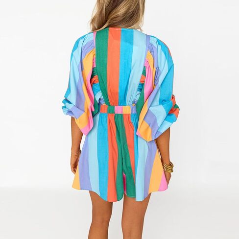 غدة نفخة طويلة للسيدات رومبير قصيرة الصيف لطيف V Deep V Flowy Tropical Tropical Playsuit Playsuit Wear 2025 in Kuwait