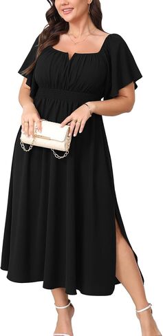 Women Plus Size Dress Wedding Guest Formal Ruffle Short Sleeve Square Neck Smocked Flowy A Line Slit Maxi Dresses in Saudi Arabia