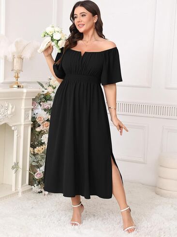 Women Plus Size Dress Wedding Guest Formal Ruffle Short Sleeve Square Neck Smocked Flowy A Line Slit Maxi Dresses in Saudi Arabia