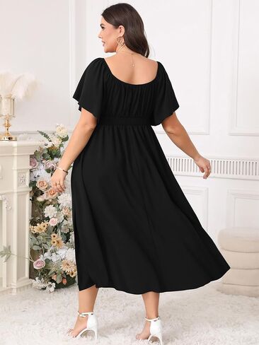 Women Plus Size Dress Wedding Guest Formal Ruffle Short Sleeve Square Neck Smocked Flowy A Line Slit Maxi Dresses in Saudi Arabia