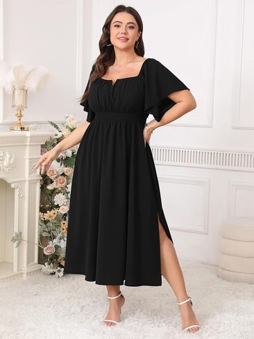 Women Plus Size Dress Wedding Guest Formal Ruffle Short Sleeve Square Neck Smocked Flowy A Line Slit Maxi Dresses in Saudi Arabia