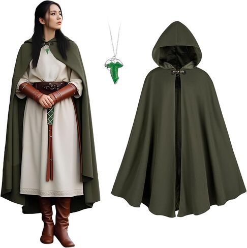 Renaissance Cloak Women, Medieval Costume Long Cloak with Hood and Green Leaf Brooch Necklace for Halloween Party. in Saudi Arabia