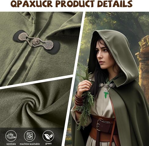 Renaissance Cloak Women, Medieval Costume Long Cloak with Hood and Green Leaf Brooch Necklace for Halloween Party. in Saudi Arabia