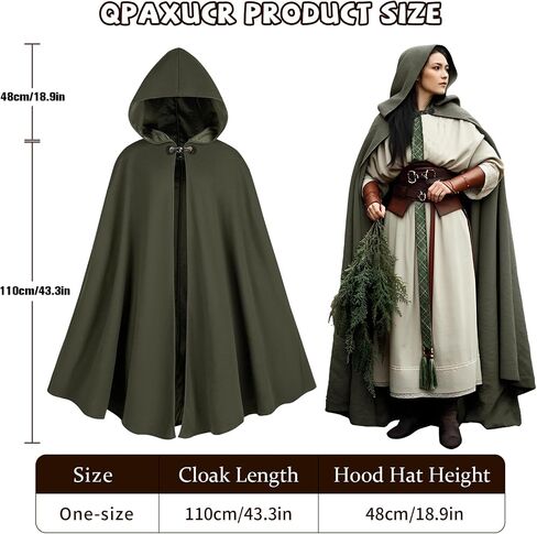 Renaissance Cloak Women, Medieval Costume Long Cloak with Hood and Green Leaf Brooch Necklace for Halloween Party. in Saudi Arabia