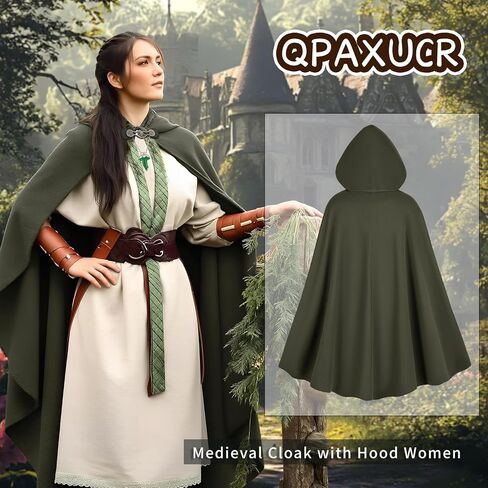 Renaissance Cloak Women, Medieval Costume Long Cloak with Hood and Green Leaf Brooch Necklace for Halloween Party. in Saudi Arabia