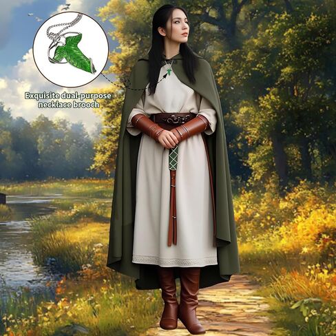 Renaissance Cloak Women, Medieval Costume Long Cloak with Hood and Green Leaf Brooch Necklace for Halloween Party. in Saudi Arabia