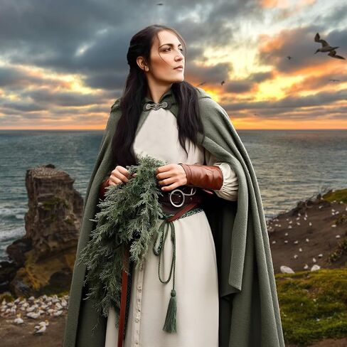 Renaissance Cloak Women, Medieval Costume Long Cloak with Hood and Green Leaf Brooch Necklace for Halloween Party. in Saudi Arabia