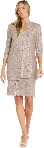 2 PC Knee Length Lace Scalloped Trimmed Jacket Dress W/V Beaded Neckline in Kuwait