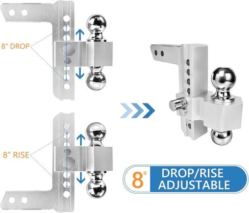 Adjustable Trailer Hitch - 8 Inch Drop Hitch (Fits 2-Inch Receiver), 12,500 LBS GTW Aluminum Tow Hitch, (2" & 2-5/16") Chrome Plated Steel Ball Mount & Anti-Theft Locking Hitch Pins in Kuwait