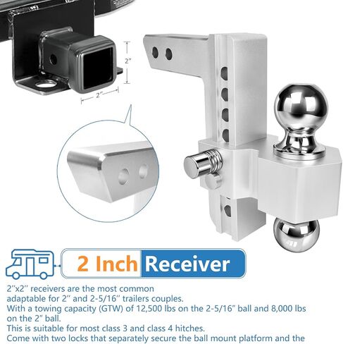 Adjustable Trailer Hitch - 8 Inch Drop Hitch (Fits 2-Inch Receiver), 12,500 LBS GTW Aluminum Tow Hitch, (2" & 2-5/16") Chrome Plated Steel Ball Mount & Anti-Theft Locking Hitch Pins in Kuwait