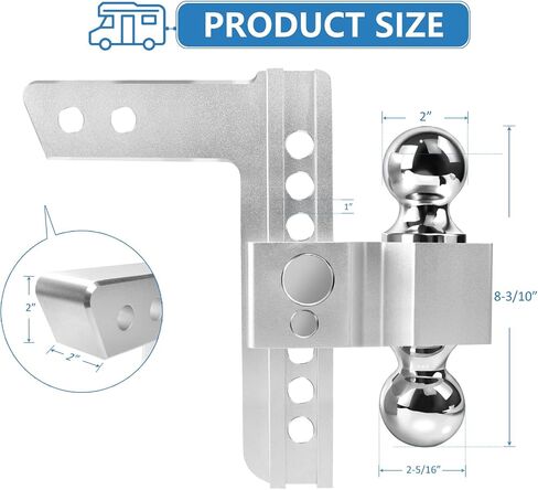 Adjustable Trailer Hitch - 8 Inch Drop Hitch (Fits 2-Inch Receiver), 12,500 LBS GTW Aluminum Tow Hitch, (2" & 2-5/16") Chrome Plated Steel Ball Mount & Anti-Theft Locking Hitch Pins in Kuwait