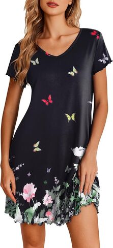 Ekouaer Nightgowns for Women Short Sleeve Sleepshirt V Neck Short Nightshirt Pullover Soft Ruffled Sleepwear S-XXXL in Saudi Arabia