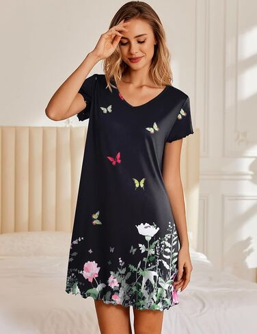 Ekouaer Nightgowns for Women Short Sleeve Sleepshirt V Neck Short Nightshirt Pullover Soft Ruffled Sleepwear S-XXXL in Saudi Arabia