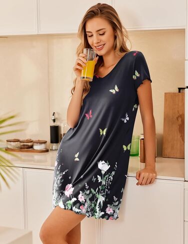 Ekouaer Nightgowns for Women Short Sleeve Sleepshirt V Neck Short Nightshirt Pullover Soft Ruffled Sleepwear S-XXXL in Saudi Arabia