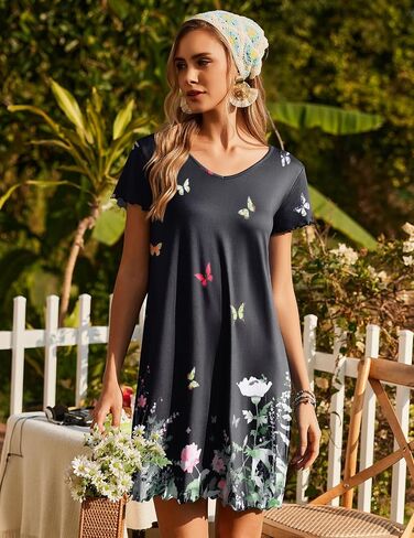Ekouaer Nightgowns for Women Short Sleeve Sleepshirt V Neck Short Nightshirt Pullover Soft Ruffled Sleepwear S-XXXL in Saudi Arabia
