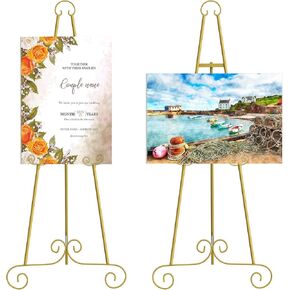 2 Pack 46" H Metal Round Tube Scroll Display Easel, Vintage Gold Decorative Large Adjustable Floor Standing Easel with Chain Support, Perfect for Showcasing Pictures, Artwork, Picture Frame Wedding