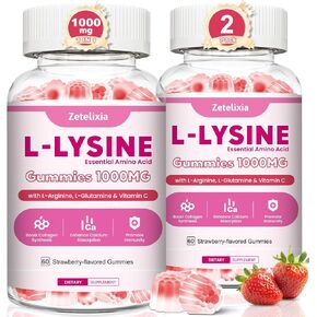 2 Pack L-Lysine Gummies 1000mg, Lysine Gummies Supplement for Adults & Kids, Essential Amino Acid with L-Arginine, L-Glutamine for Lip & Skin, Immune, Calcium Absorption, Strawberry Flavor, 120Ct