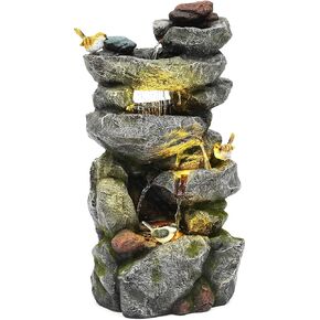 31.5" H Multi-Tier Rock Outdoor Water Fountain with LED Lights and Pump, Garden Fountain Waterfall for Patio, Porch, or Yard