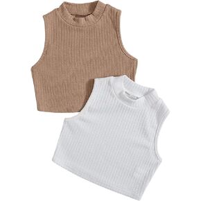 Milumia Girl's 2 Pack Crop Tank Tops Mock Neck Sleeveless Ribbed Knit Short Tops