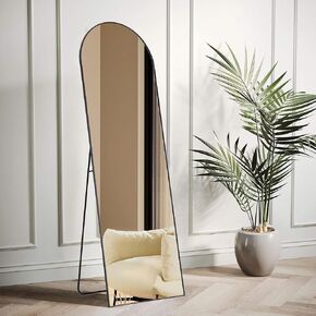 Arched Full Length Mirror 64"x21", Aluminum Alloy Thin Frame Floor Standing Mirror, Wall Mirror with Stand, HD Explosion-Proof Nano Glass for Bedroom, Living Room, Dressing Room