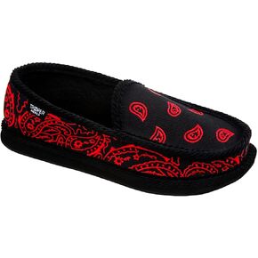 Men KS-002E Black/Red Embroidered Bandana Paisley Slip-On | Cozy, Colorful House Shoe Slippers | Ultra Cushion for Indoor and Outdoor
