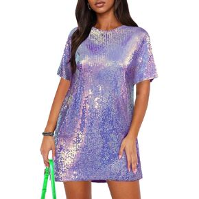 ENOPINK Women's Crew Neck Sequin Dress for Women Sexy V Neck Shirt Dresses Sparkly Shift Mini Dress
