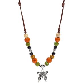 Boho Butterfly Beaded Necklace for Women Bohemian Colorful Ceramic Beaded Necklace Adjustable Braided Rope Hippie Butterfly Necklace Handmade Woven Ethnic Antique Jewelry