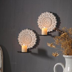 SOFE Boho Wall Candle Sconces Set of Two, Carved Flower Candle Wall Sconces Wooden, Rustic Wall Candle Holders for Pillar Candles, Bathroom, Entryway, Hallway Art Wall Decor