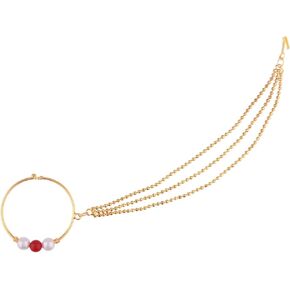 Efulgenz Indian Jewelry Kundan Crystal Nose Ring Hoop Pin Stud Fake Septum Ring with Chain Nose to Ear Chain Non Piercing Body Jewelry, Metal Crystal, not known