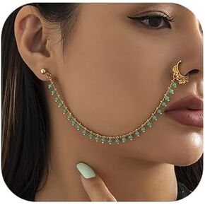 حلقات أنف Denifery حبة الأنف خاتم حاجز مزيف خاتم غير ثقب مع سلسلة الأنف لسلسلة الأذن خاتم أنف المجوهرات للنساء (أخضر)