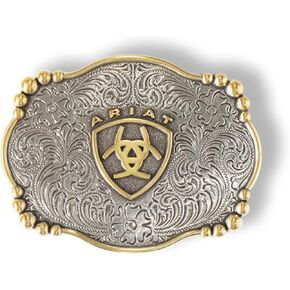 ARIAT Rectangle Buckle with Western Floral Engraving, Centered Emblem, Beaded Accents, Antique Silver, 2-5/8" x 3-1/2"