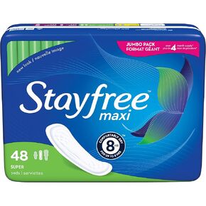 Stayfree Maxi Super Long Pads For Women, Wingless, Reliable Protection and Absorbency of Feminine Periods, 48 count