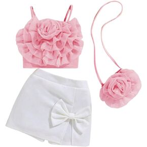 MakeMeChic Girl's 2 Piece Summer Outfits 3D Floral Shirred Cami Top and Bow Knot Shorts Set with Bag