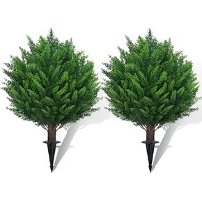 21" Artificial Cedar Topiary Ball Trees with Ground Spike Set of 2 - UV Resistant Faux Shrubs & Bushes Potted Plants for Outdoor Indoor Front Porch Garden
