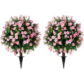 Sunnyglade Set of 2 Artificial Boxwood Topiary Ball Trees with Pink Flower, Faux Shrub Bushes with Ground Spike 25.5", UV Resistant Fake Boxwood Plants for Indoor, Garden, Porch, Patio Decor (Pink)