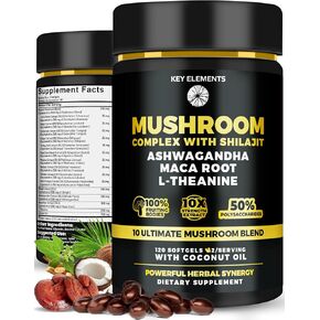 Organic Mushroom Complex with Shilajit & Coconut Oil - Lion’s Mane Mushroom Supplement with Ashwagandha and L-Theanine - Mushroom Nootropic for Memory, Focus & Immune Mushroom Capsules Softgels